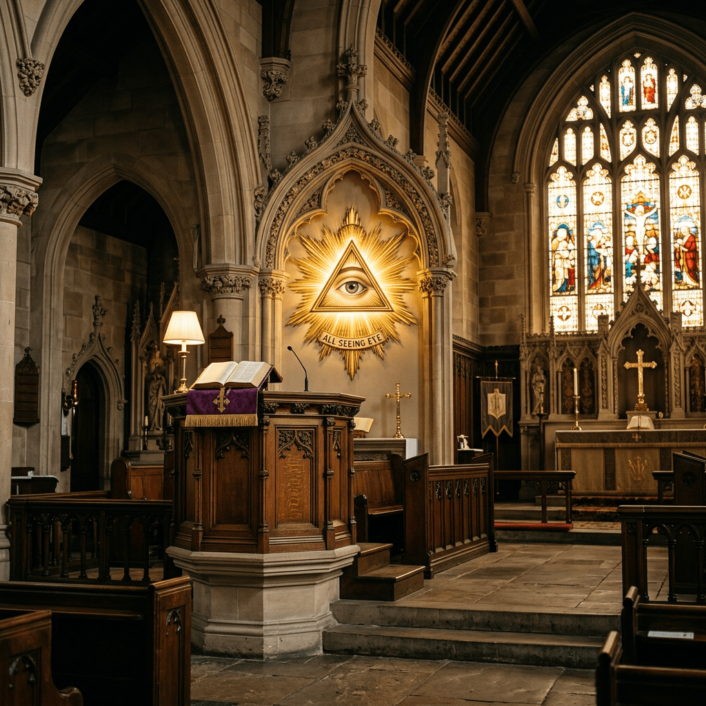 Church interior with wooden pulpit, open Bible, illuminated all-seeing eye symbol, and stained glass windows